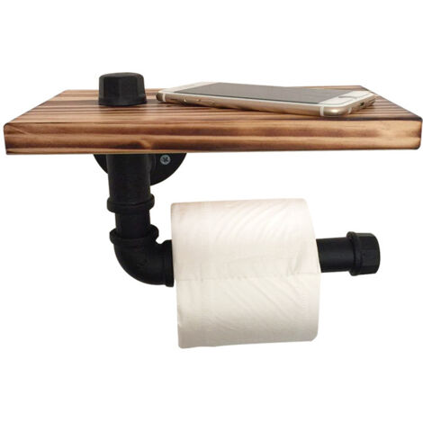 Industrieller Rohrhalter aus Holz und Eisen – Wandhalterung aus Schmiedeeisen für Badezimmer – Toilettenpapierhalter im Vintage-Stil