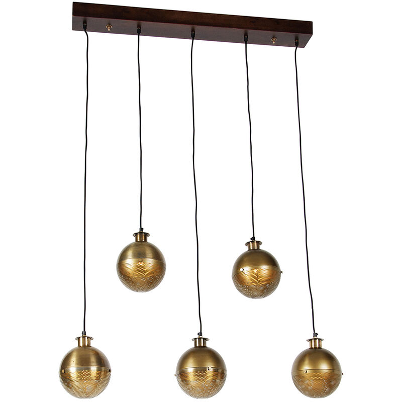 Qazqa Industrial Hanging Lamp Bronze With Wood 5 Lights - Haicha