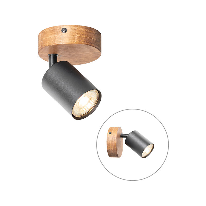 Qazqa Industrial Spotlight Black With Wood Tiltable - Jeana