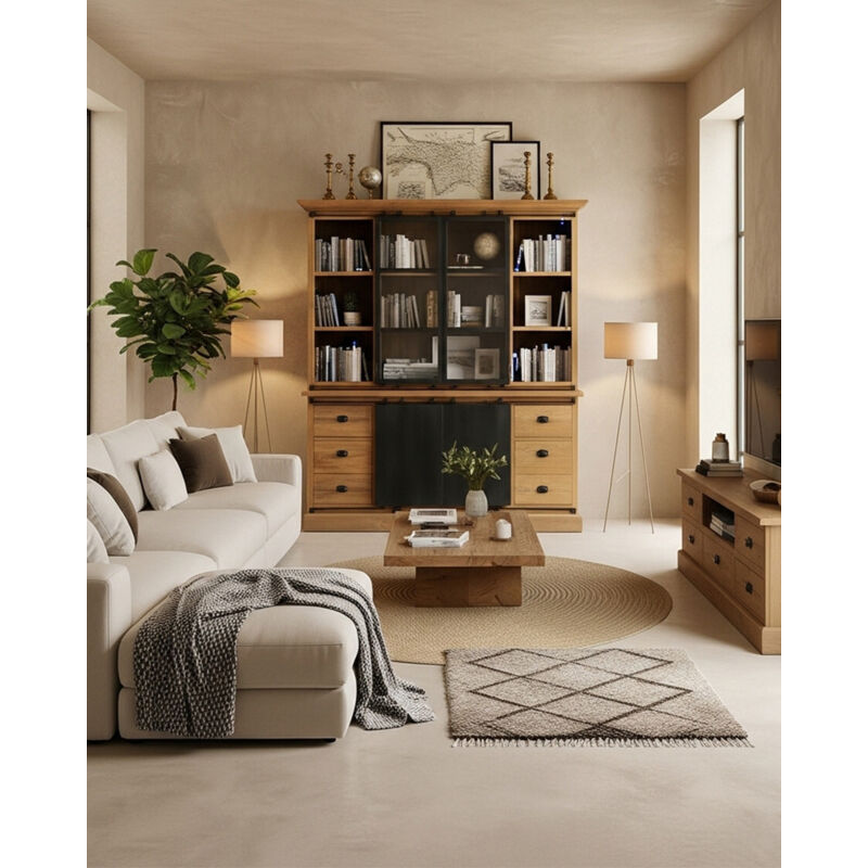 Uniqka - Industryal - Bibliothèque en teck massif et métal