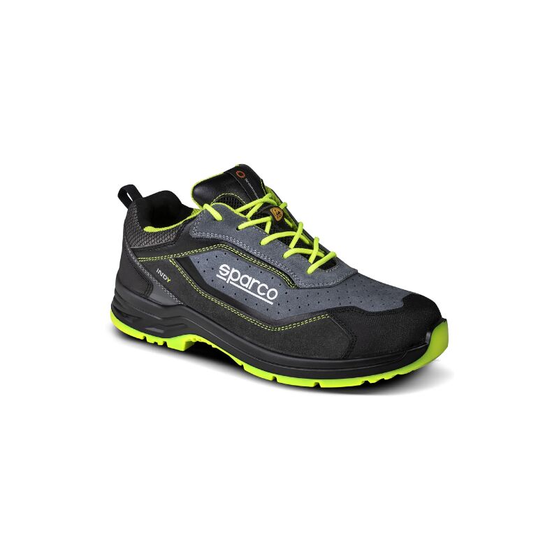 Chaussures de travail de se'curite' basses Sparco Indy Texas S1P esd N.37 en daim et microfibre gris fonce'/vert fluo avec embout pour le printemps