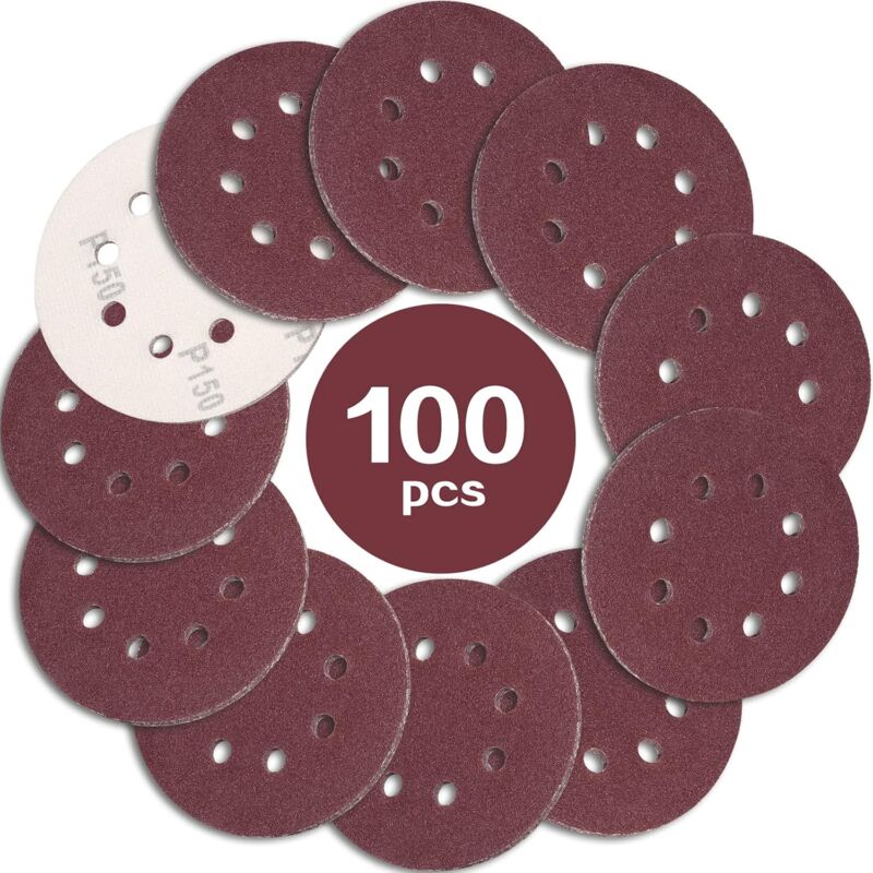 100PCS Disque de Ponçage 125mm Grain 150, Disques a Poncer Papier Abrasifs 8 Trous Idéal pour Poncer/Polir pour Ponceuse Excentrique - Ineasicer