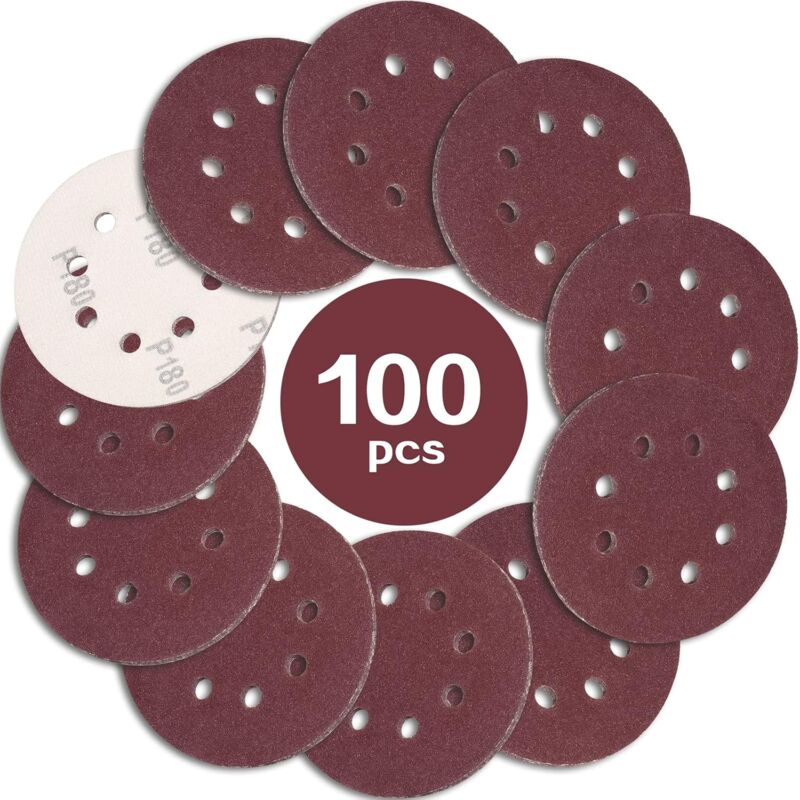 100PCS Disque de Ponçage 125mm Grain 180, Disques a Poncer Papier Abrasifs 8 Trous Idéal pour Poncer/Polir pour Ponceuse Excentrique - Ineasicer