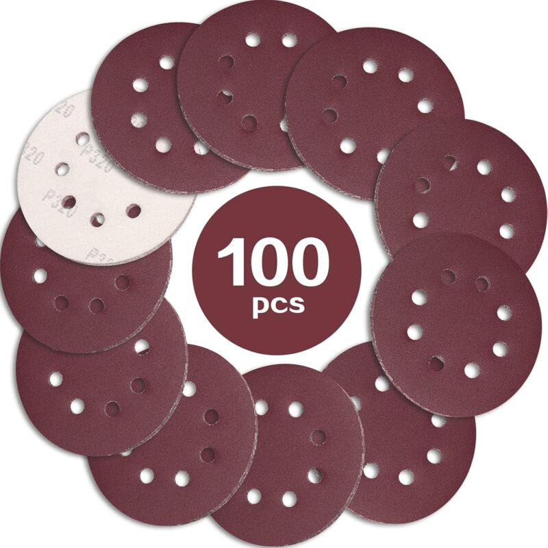 100PCS Disque de Ponçage 125mm Grain 320, Disques a Poncer Papier Abrasifs 8 Trous Idéal pour Poncer/Polir pour Ponceuse Excentrique - Ineasicer