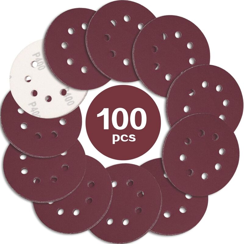 100PCS Disque de Ponçage 125mm Grain 400, Disques a Poncer Papier Abrasifs 8 Trous Idéal pour Poncer/Polir pour Ponceuse Excentrique - Ineasicer
