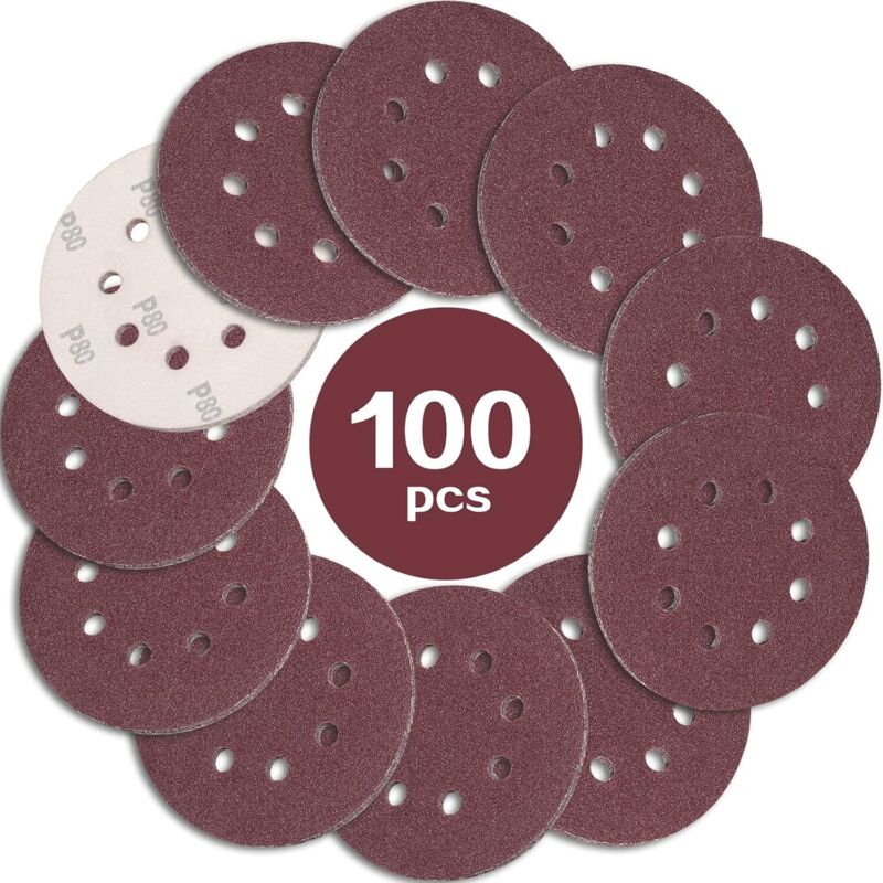 100PCS Disque de Ponçage 125mm Grain 80, Disques a Poncer Papier Abrasifs 8 Trous Idéal pour Poncer/Polir pour Ponceuse Excentrique - Ineasicer