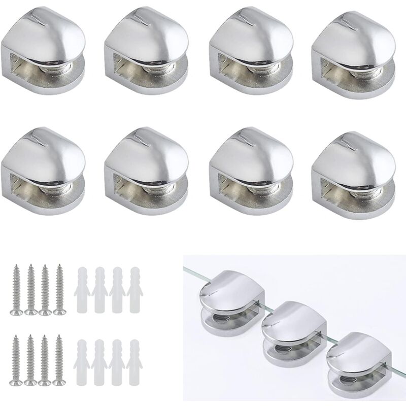 8 Pièces Pince à Verre, Fixation Réglable Verre en Alliage de Zinc, Support pour Tablette Etagere Tablettes 5-8 mm D'épaisseur, Argent - Ineasicer