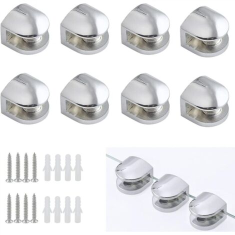 Ineasicer 8 Pièces Pince à Verre, Fixation Réglable Verre en Alliage de Zinc, Support pour Tablette Etagere Tablettes 5-8 mm D'épaisseur, Argent