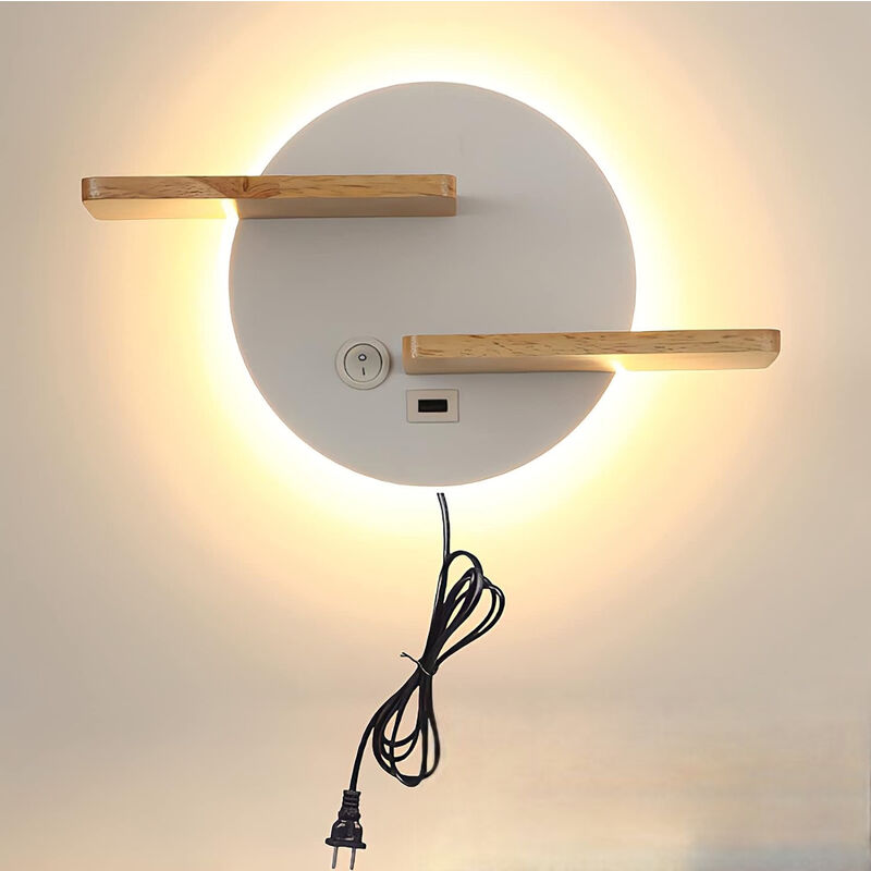 Applique Mural Blanc Bois avec interrupteur et Interface usb 9W led Lampe de Lecture Murale avec étagère Lampe de Chevet Moderne avec Câble et Prise