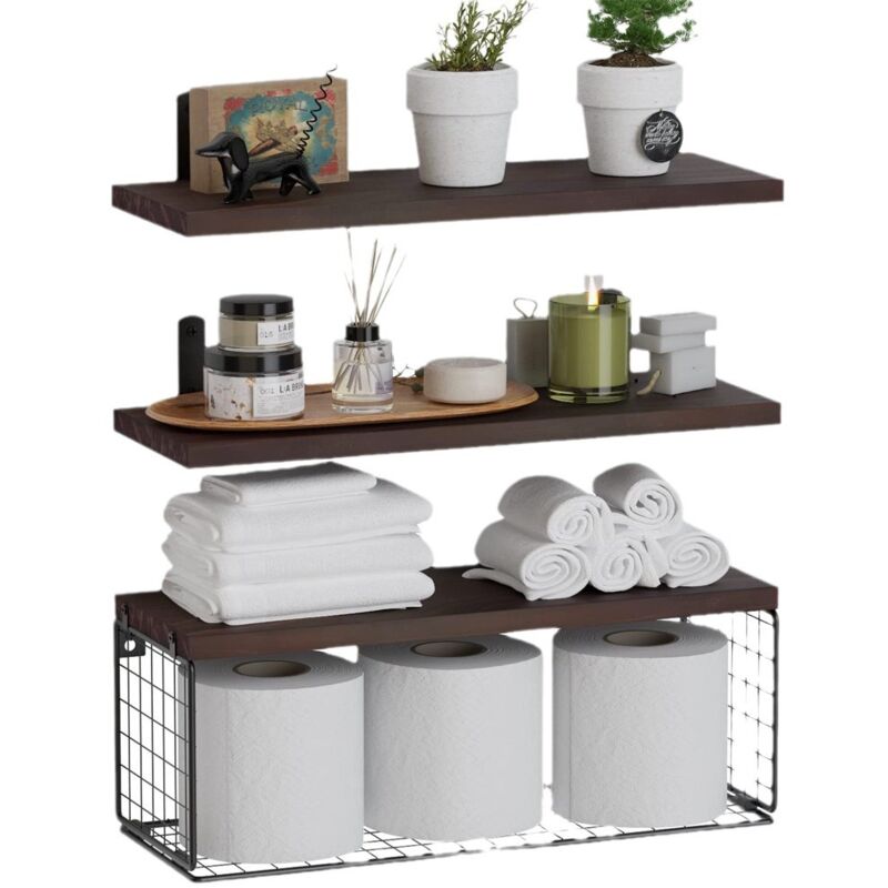 Ineasicer - Etagere Murale Bois, 3+1 Etagere Salle de Bain, Etagere Murale Cuisine, Étagère Murale, Etagères Murales avec Panier de Rangement en Fil