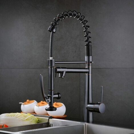 Ineasicer Küchenarmatur in Schwarz mit Ausziehbrause, 2 Funktionen, 360° schwenkbarem Auslauf, Messing-Federarmatur