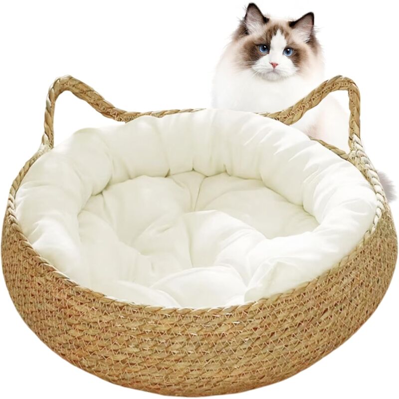 Lits de Chats 2 en 1 paniers de Chat tissés lit avec Coussin Doux pour Chaton de Chaton de Chaton Confortable - Ineasicer