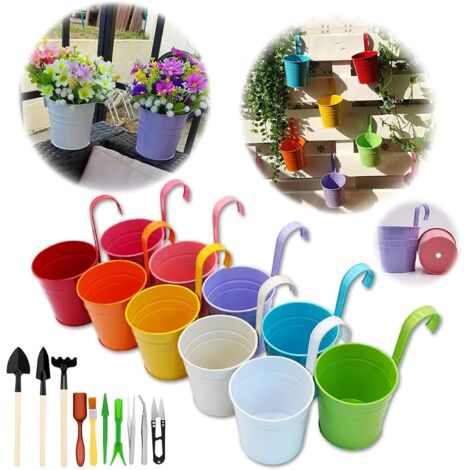 Ineasicer Lot de 10 Pots de Fleurs à Suspendre en métal avec Trou de Drainage Crochet Amovible Assortiment (17x10x8 cm avec des Outils de Jardin)
