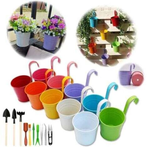 Ineasicer Lot de 10 Pots de Fleurs à Suspendre en métal avec Trou de Drainage Crochet Amovible Assortiment (17x10x8 cm avec des Outils de Jardin)