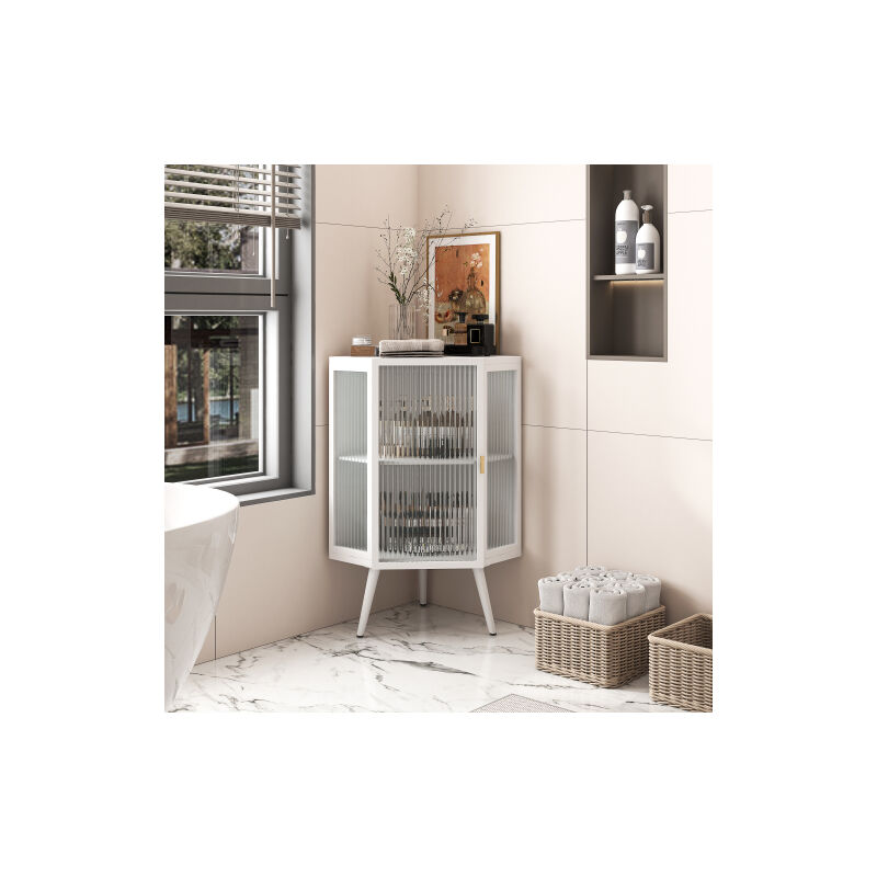 Ineasicer - Meuble de rangement avec porte en verre trempé et étagère réglable pour la salle de bain, le salon et la chambre à coucher (blanc)