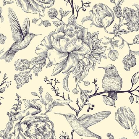 Ineasicer Papier Peint Pivoine Oiseaux Fleur Beige Vintage Papier Adhésif pour Meuble Adhesif Salon Papier Autocollant Cuisine Lavable Mural Chambre 44.5cm×300cm