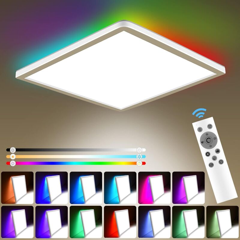 Ineasicer Plafonnier Led, 24W Plafonnier Carré Dimmable avec Télécommande ,3200 lm Plafonnier LED Chambre 3000K-6000K,13 RGB Couleur Plafond, Etanche