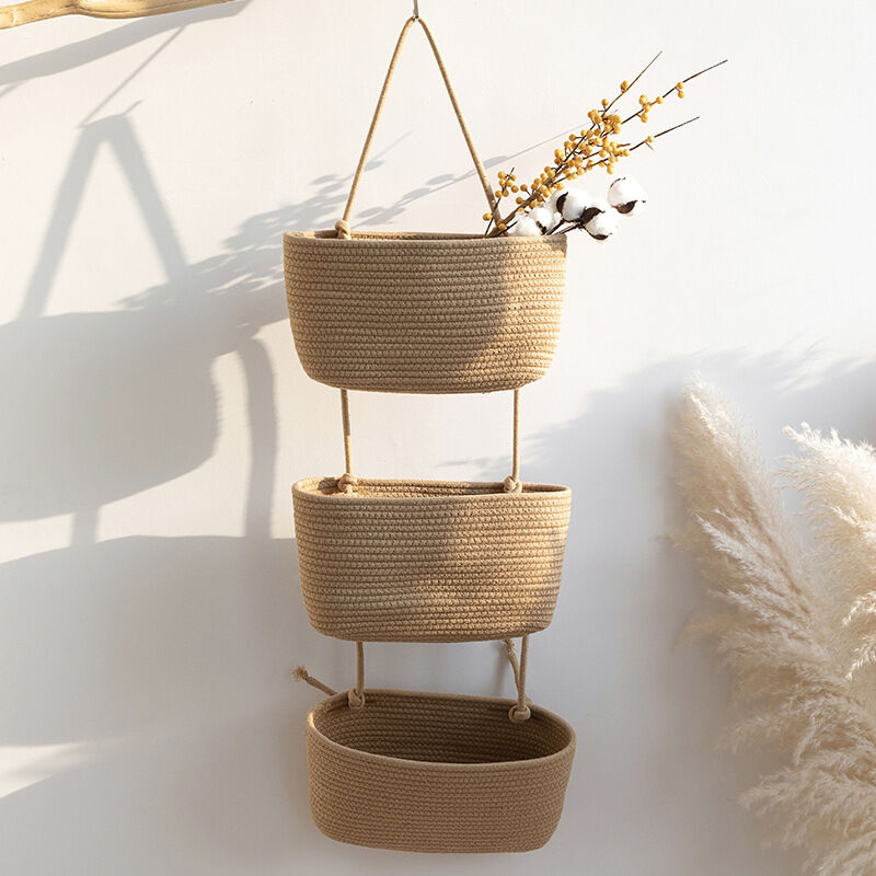 Rangement porte à suspendre sac de rangement, panier suspendu à 3 niveaux en corde de coton tissé, panier à suspendre pour ranger les chambres