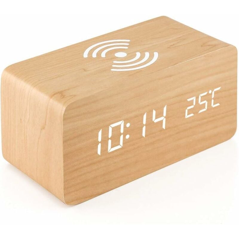 Réveil numérique en bois avec station de charge sans fil, chargeur rapide sans fil 5 w pour iPhone/Samsung Galaxy, réveil numérique sans tic tac,
