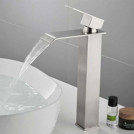 Ineasicer Robinet Cascade Haut Salle de Bain Rectangulaire Monotrou Cartouche Céramique Chaude Froide Réglable Mitigeur pour Vasque Lavabo Acier Inox Chromé Argent sans Plomb