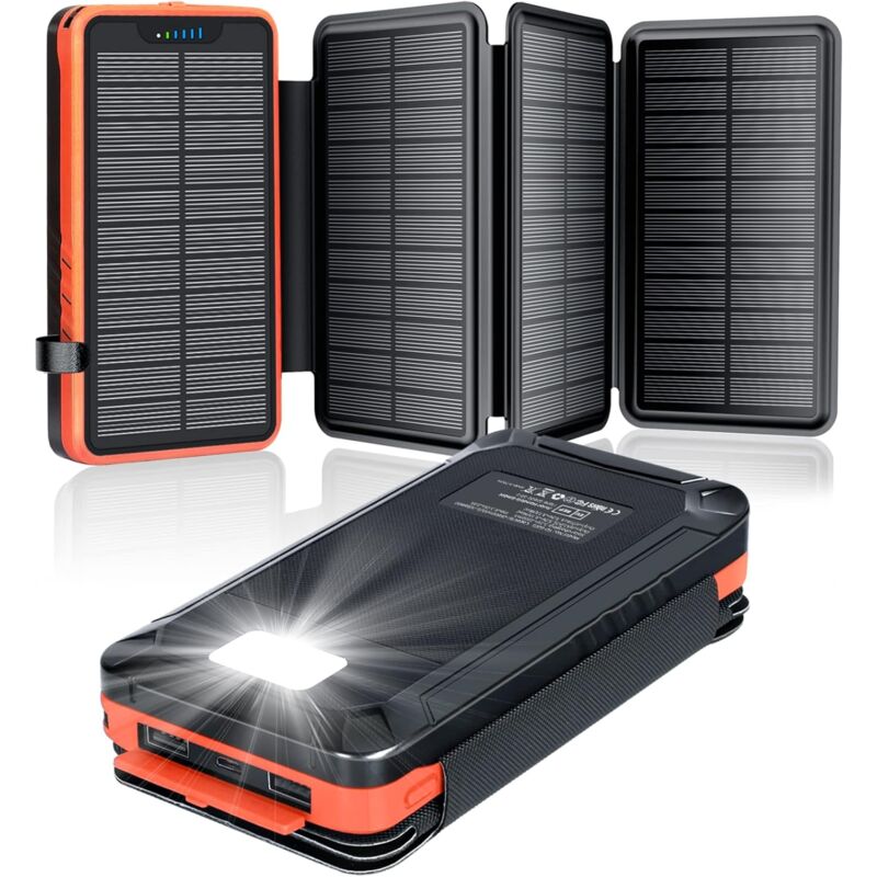 Ineasicer - Solaire Power Bank 20000mAh, elzle Solaire Chargeur avec 2 usb-a Sortie & 1 usb-c Entrée, Batterie Externe Imperméable avec 4 Solaire