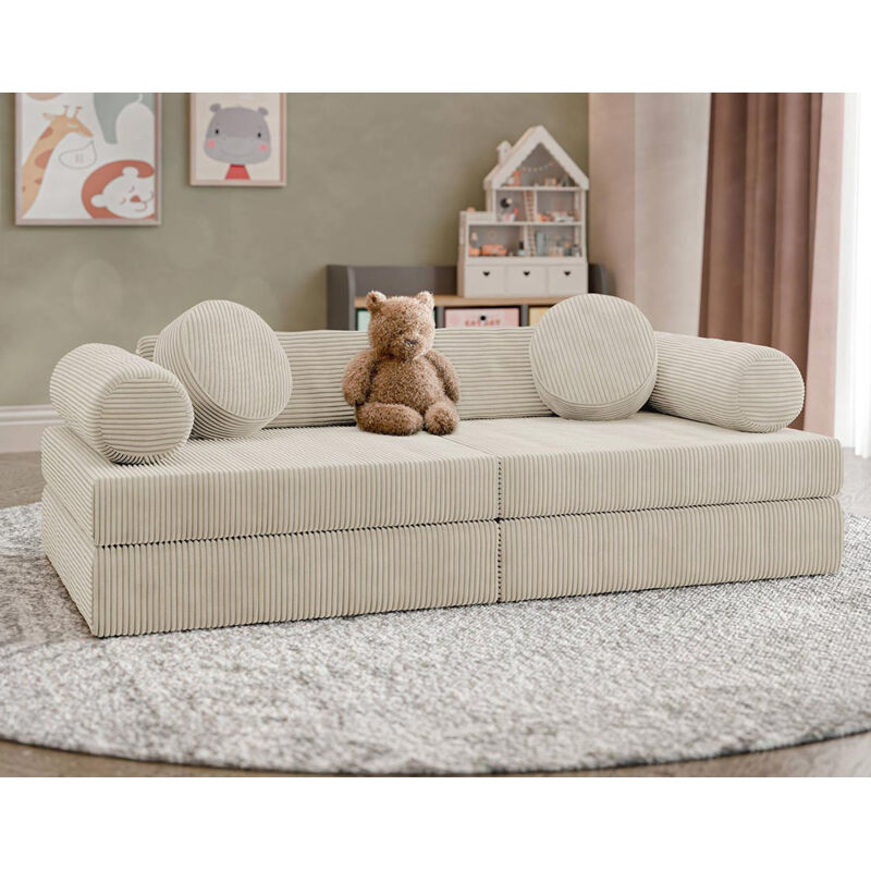 Bestmobilier – Canapé droit 2 places en velours côtelé beige – Compact et modulable – Coussins déhoussables – Confort optimal pour enfants