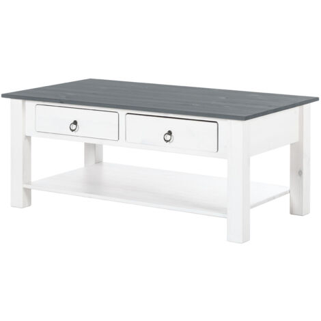 InesTable basse avec 2 tiroirs en pin blanc et gris