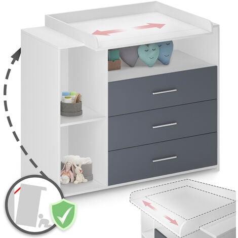 Infantastic® Mueble Cambiador Bebé - 3 Cajones, 3 Compartimentos Abiertos, Madera, Metal, Color Gris-Blanco - Cómodas y Cajoneras Dormitorio, Habitación, Mueble Organizador, Infantil, Cambiadores