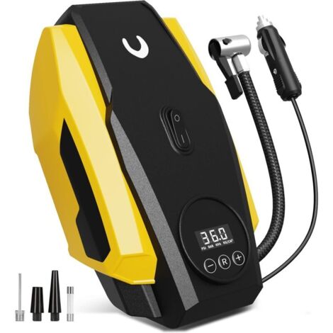 Inflador de neumáticos, compresor de aire portátil - Bomba de aire para neumáticos de coche - Bomba compacta de 12 V CC con apagado automático - Accesorio multiusos para coche con luz LED, amarillo, m