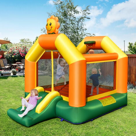 Inflatable Bounce House Kids Cute Castle Jumping Bouncer W/ Basketball Rim & Bag