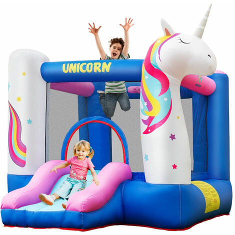 Inflatable Bounce House Kids Unicorn Bouncy Castle w/ Slide & Basketball Hoop