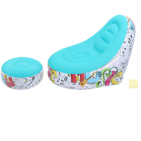 Inflatable Lounger Chair with Foot Stool Portable Waterproofing Flocking Folding Blow Up Air Sofa Bed for Camping Outdoor Cyan