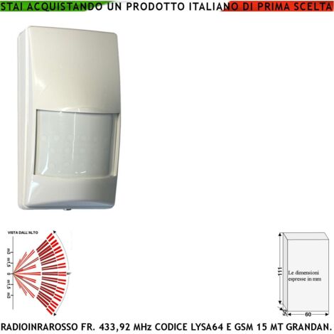 Infrarosso Doppio Sensore Via Radio 433,92 MHz Anti-jamming Rileva Movimento Intrusi Portata 15 Metri Grandangolo Walk test Pir 40VR Codice Secur-Sydra GSM da Interno 17 Fasci Sensibili su 3 Livelli