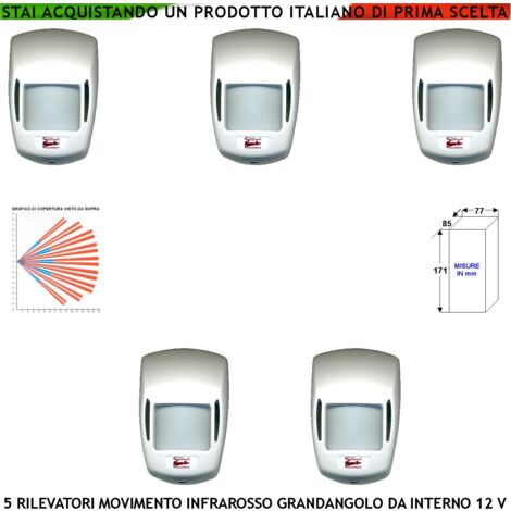Infrarosso Sensore di Movimento Grandangolo Cinque Pezzi Per Antifurto Portata 15 MT da Interno Rileva Intruso Entro 90 Gradi Aliment. 12 V Assorb. 10 mA Lente 18 Fasci  ABS Bianco con Snodo