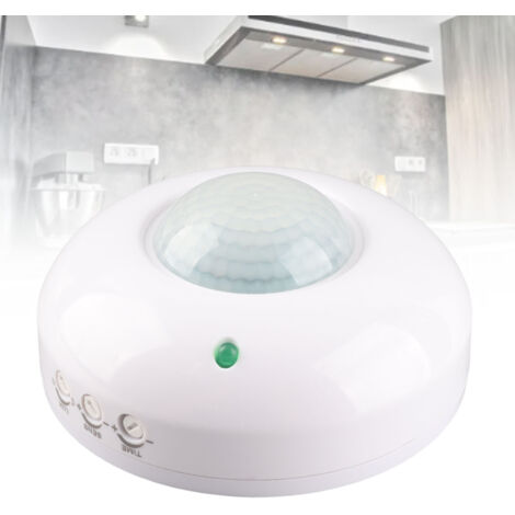 Infrarot-Bewegungsmelder für Licht – 6 m Infrarot-Körperdetektor, 120° (Seite)/360° (Oben) – LED-/Lampen-/Energiesparlampen-/Lüfterschalter 10 A, max. 1200 W – Weiß/Kunststoff – Licht-/Verzögerungsein