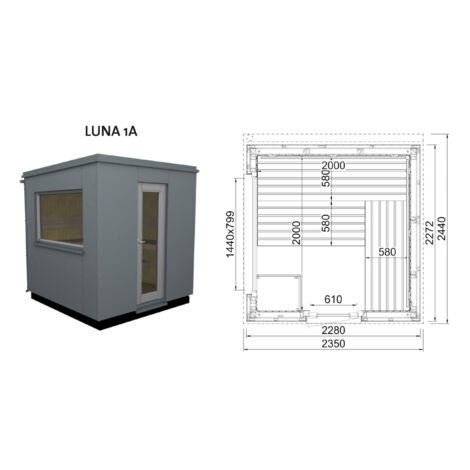 Infraworld Luna 1 Außensauna mit HPL-Platten Anthrazit versch. Fenstergrößen und Inneneinrichtung Luna 1A - Großes Fenster (BxH): 1440 x 799 mm