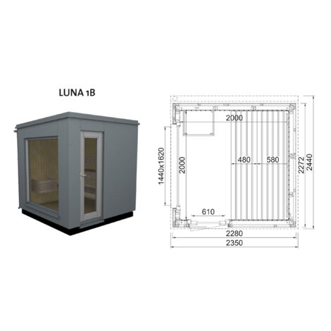 Infraworld Luna 1 Außensauna mit HPL-Platten Anthrazit versch. Fenstergrößen und Inneneinrichtung Luna 1B - Panorama-Fenster (BxH): 1440 x 1620 mm, Türe versetzt, 2 Liegen