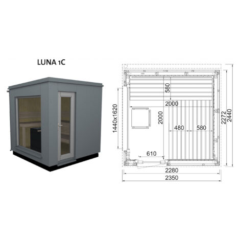 Infraworld Luna 1 Außensauna mit HPL-Platten Anthrazit versch. Fenstergrößen und Inneneinrichtung Luna 1C - Panorama-Fenster (BxH): 1440 x 1620 mm, Türe versetzt, 3 Liegen