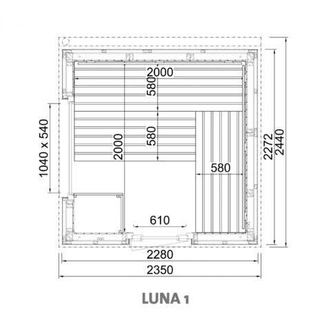 Infraworld Luna 1 Außensauna mit Lärche-Fassadenprofile versch. Fenstergrößen und Inneneinrichtung Luna 1 - Fenster (BxH): 1040 x 540 mm