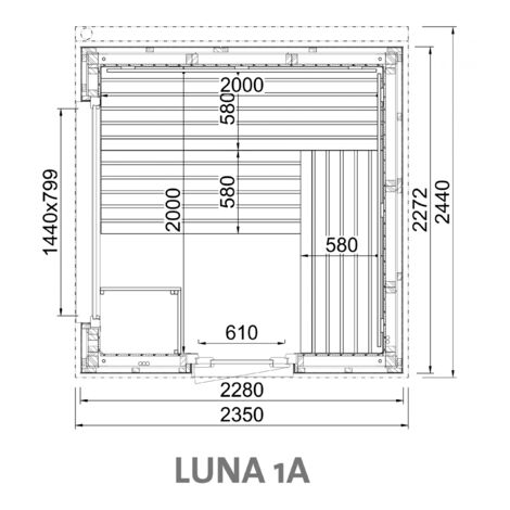 Infraworld Luna 1 Außensauna mit Lärche-Fassadenprofile versch. Fenstergrößen und Inneneinrichtung Luna 1A - Großes Fenster (BxH): 1440 x 799 mm