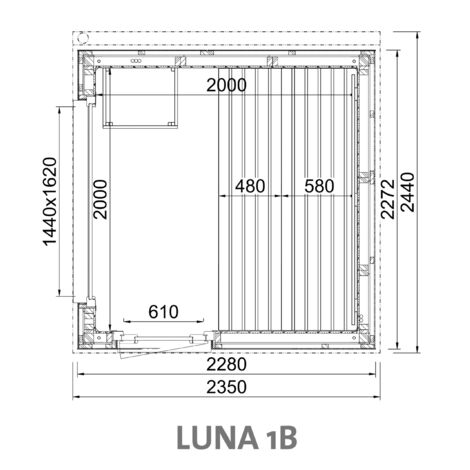 Infraworld Luna 1 Außensauna mit Lärche-Fassadenprofile versch. Fenstergrößen und Inneneinrichtung Luna 1B - Panorama-Fenster (BxH): 1440 x 1620 mm, Türe versetzt, 2 Liegen