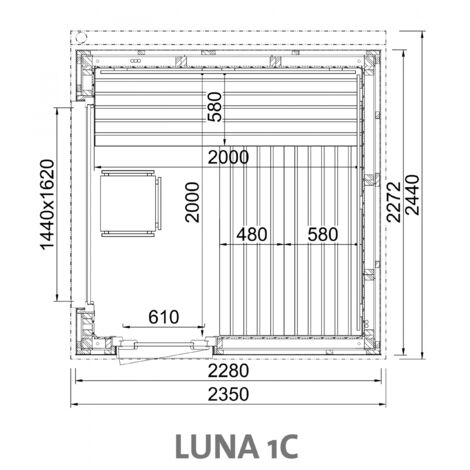 Infraworld Luna 1 Außensauna mit Lärche-Fassadenprofile versch. Fenstergrößen und Inneneinrichtung Luna 1C - Panorama-Fenster (BxH): 1440 x 1620 mm, Türe versetzt, 3 Liegen