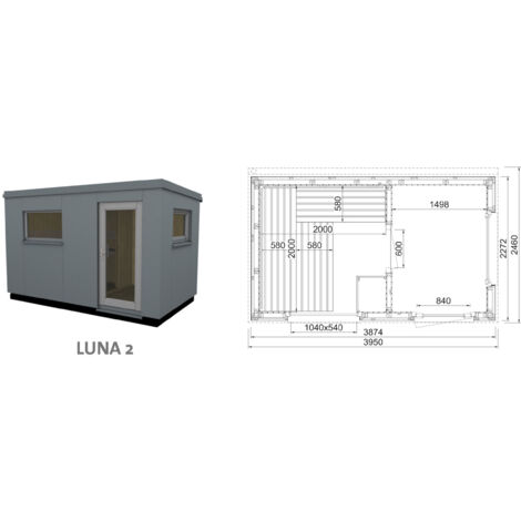 Infraworld Luna 2 Außensauna mit HPL-Platten Anthrazit versch. Fenstergrößen und Inneneinrichtung Luna 2 - Fenster (BxH): 1040 x 540 mm