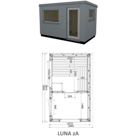 Infraworld Luna 2 Außensauna mit HPL-Platten Anthrazit versch. Fenstergrößen und Inneneinrichtung Luna 2A - Großes Fenster (BxH): 1440 x 799 mm