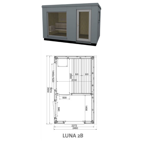 Infraworld Luna 2 Außensauna mit HPL-Platten Anthrazit versch. Fenstergrößen und Inneneinrichtung Luna 2B - Panorama-Fenster (BxH): 1440 x 1620 mm, Türe versetzt, 2 Liegen