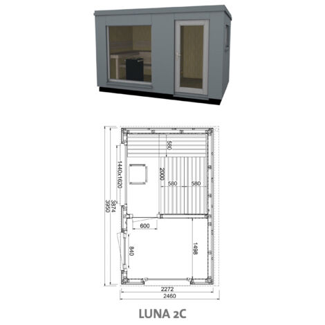 Infraworld Luna 2 Außensauna mit HPL-Platten Anthrazit versch. Fenstergrößen und Inneneinrichtung Luna 2C - Panorama-Fenster (BxH): 1440 x 1620 mm, Türe versetzt, 3 Liegen