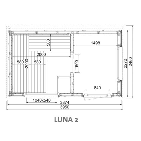 Infraworld Luna 2 Außensauna mit Lärche-Fassadenprofile versch. Fenstergrößen und Inneneinrichtung Luna 2 - Fenster (BxH): 1040 x 540 mm