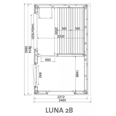 Infraworld Luna 2 Außensauna mit Lärche-Fassadenprofile versch. Fenstergrößen und Inneneinrichtung Luna 2B - Panorama-Fenster (BxH): 1440 x 1620 mm, Türe versetzt, 2 Liegen