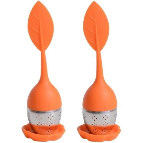 Infuser/infuseur de thé/Filtre diffusseur/passoire a thé à Forme de Feuille de Thé, infuseur réalisé en Silicone à 100% Alimentaire et en INOX de Haute Qualité, Lot de 2 pcs(Orange),