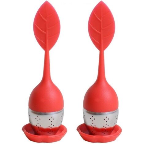 Infuser/infuseur de thé/Filtre diffusseur/passoire a thé à Forme de Feuille de Thé, infuseur réalisé en Silicone à 100% Alimentaire et en INOX de Haute Qualité, Lot de 2 pcs(Rouge),